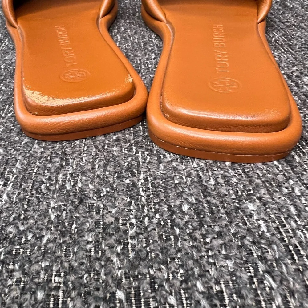 Tory Burch Tan Slide Sandals with Embossed Detailing. #30